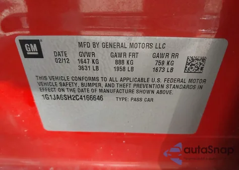 2012 Chevrolet Sonic 2Ls from USA, damaged, VIN 1G1JA6SH2C4166646